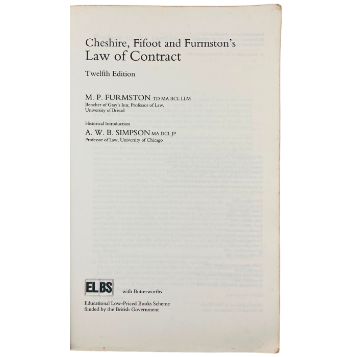 Cheshire  Fifoot and Furmston's Law of Contract (Twelfth Edition)